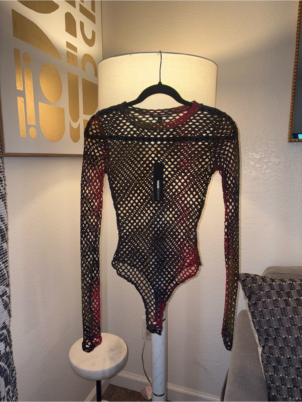 Fashion Nova Black Fishnet Long-Sleeve Bodysuit with Red Details